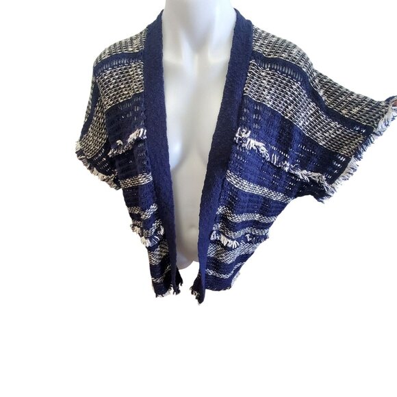 Lucky Brand Blue White Open Front Short Sleeve Boho Fringe Poncho Cardigan XS/S - Picture 6 of 8